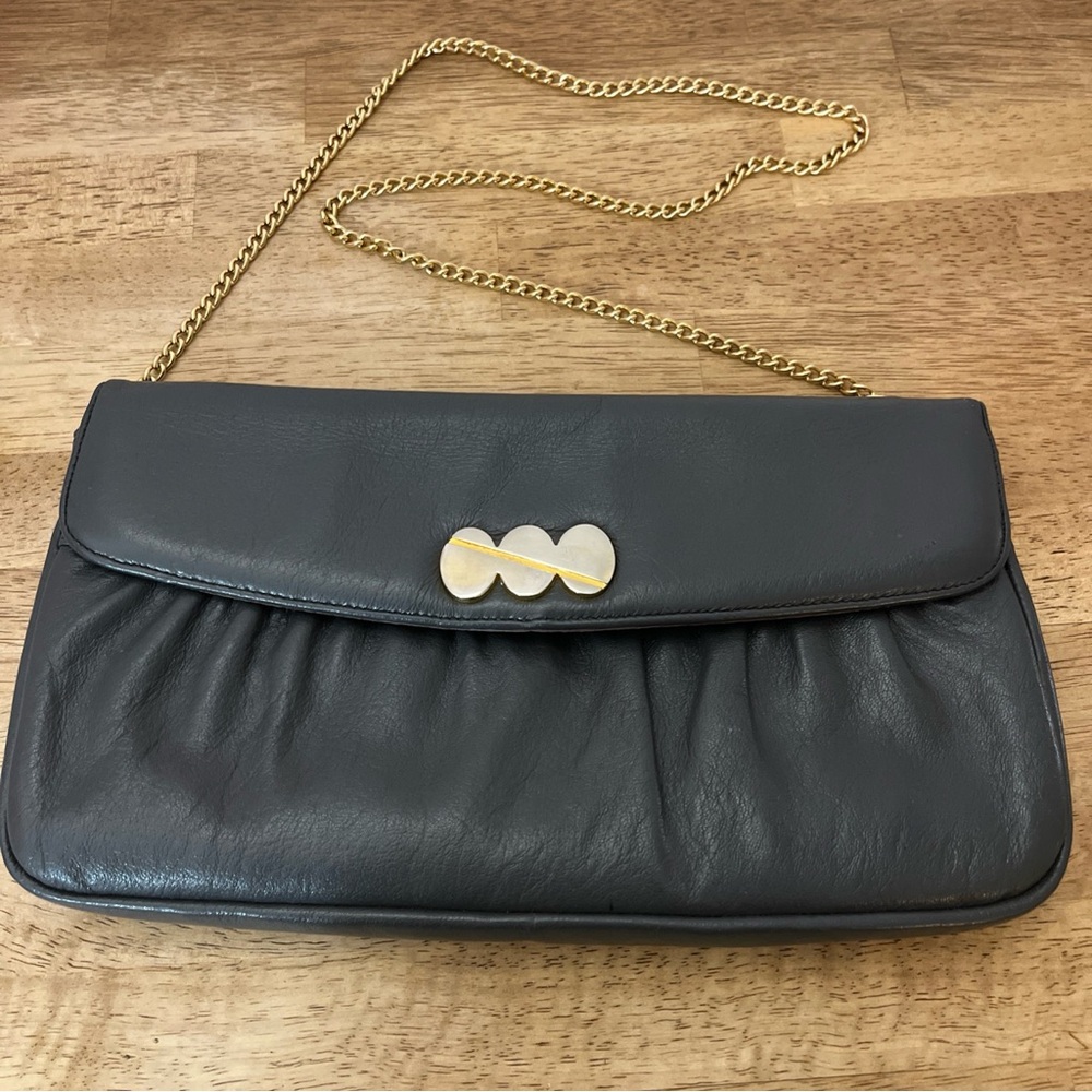 Vintage Gray Leather Zenith Clutch Bag Gold Chain Strap Purse